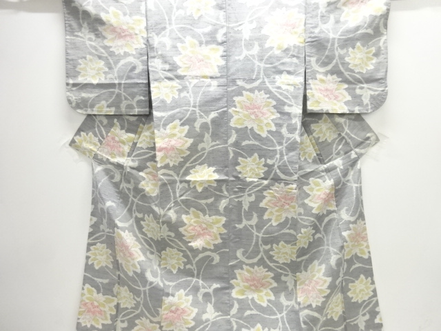 唐花模様織り出し手織り紬単衣着物